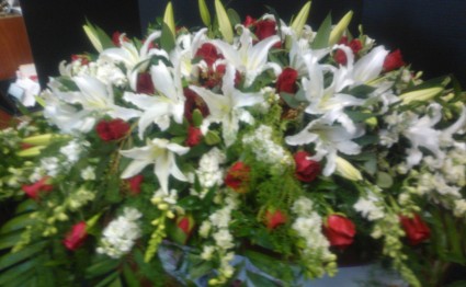 Red and White Casket Spray wWth White lilies — Katy Florist & Gifts, Katy TX